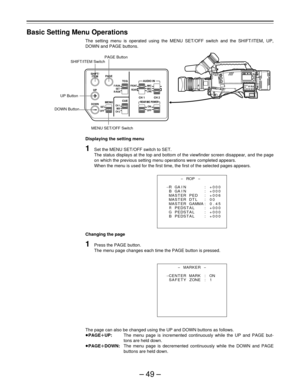 Page 49–49–
SHIFT/
ITEMPAGE
UP
DOWNMENUCH 1 CH 2 TCGSET
OFF
F-RUN
SET
R-RUNMIC MIC
AUDIO IN 
LINE
ON
OFF
FRONT
REAR
CUECH 1
MIX
CH 2REAR MIC POWER REAR MIC POWER
Basic Setting Menu Operations
The setting menu is operated using the MENU SET/OFF switch and the SHIFT/ITEM, UP,
DOWN and PAGE buttons.
Displaying the setting menu
1Set the MENU SET/OFF switch to SET.
The status displays at the top and bottom of the viewfinder screen disappear, and the page
on which the previous setting menu operations were completed...