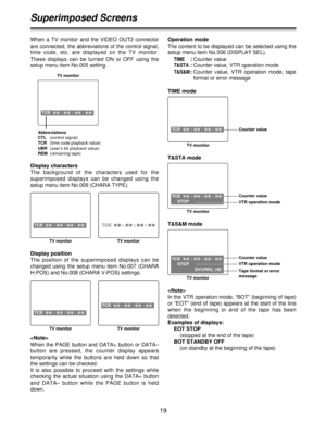 Page 1919
Display position
The  position  of  the  superimposed  displays  can  be
changed  using  the  setup  menu  item  No.007  (CHARA
H-POS) and No.008 (CHARA V-POS) settings.
Superimposed Screens

When  the  PAGE  button  and  DATA+  button  or  DATA–
button  are  pressed,  the  counter  display  appears
temporarily  while  the  buttons  are  held  down  so  that
the settings can be checked.
It  is  also  possible  to  proceed  with  the  settings  while
checking  the  actual  situation  using  the  DATA+...