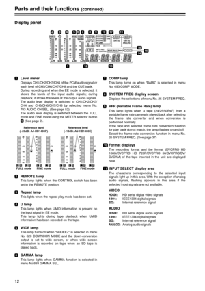 Page 1212
Parts and their functions (continued)
Display panel
Level meter
Displays CH1/CH2/CH3/CH4 of the PCM audio signal or
each level of CH5/CH6/CH7/CH8 and the CUE track.
During recording and when the EE mode is selected, it
shows the levels of the input audio signals; during
playback, it shows the levels of the output audio signals.
The audio level display is switched to CH1/CH2/CH3/
CH4 and CH5/CH6/CH7/CH8 by selecting menu No.
783 AUDIO CH SEL. (See page 52) 
The audio level display is switched between...