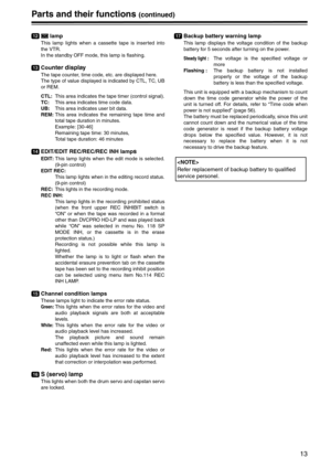Page 1313
Parts and their functions (continued)
 lamp
This lamp lights when a cassette tape is inserted into
the VTR.
In the standby OFF mode, this lamp is flashing.
Counter display
The tape counter, time code, etc. are displayed here.
The type of value displayed is indicated by CTL, TC, UB
or REM.
CTL:This area indicates the tape timer (control signal).
TC:This area indicates time code data.
UB:This area indicates user bit data.
REM:This area indicates the remaining tape time and
total tape duration in...