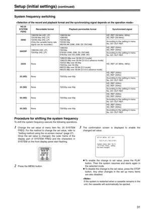 Page 3131
Setup (initial settings) (continued)
System frequency switching
Procedure for shifting the system frequency
To shift the system frequency execute the following operations.
1Change the set value of menu item No. 25 SYSTEM
FREQ. For the method to change the set value, refer to
Setting method using the on-screen menus (page 27) .
Once the set value is changed, the outer frame of the
display part of SYSTEM FREQ and the characters in
SYSTEM on the front display panel start flashing.
2Press the MENU...