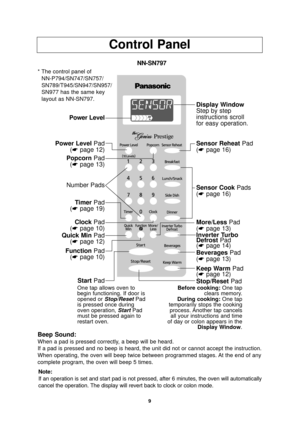 Page 119
Control Panel
Beep Sound:
When a pad is pressed correctly, a beep will be heard.
If a pad is pressed and no beep is heard, the unit did not or cannot acc\
ept the instruction.
When operating, the oven will beep twice between programmed stages. At the end of any
complete program, the oven will beep 5 times.
Power Level
Popcorn Pad
(☛ page 13)
Power Level Pad
(☛ page 12)
Timer Pad
(☛ page 19)
Quick Min Pad
(☛ page 12)
Start Pad
Function Pad
(☛ page 10)
Clock Pad
(☛ page 10)
Number Pads
Sensor Reheat Pad...