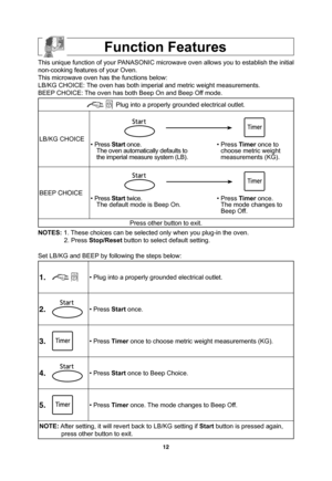 Page 1412
Function Features
This unique function of your PANASONIC microwave oven allows you to establish the initial 
non-cooking features of your Oven.
This microwave oven has the functions below:
LB/KG CHOICE: The oven has both imperial and metric weight measurements.
BEEP CHOICE: The oven has both Beep On and Beep Off mode.
 Plug into a properly grounded electrical outlet.
LB/KG CHOICE
• Press Start once.
The oven automatically defaults to 
the imperial measure system (LB).
• Press Timer...