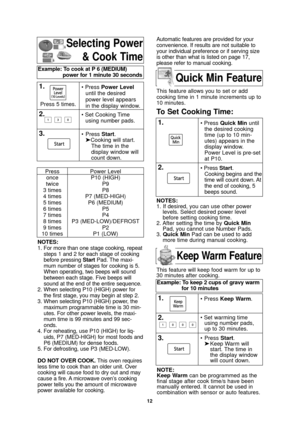 Page 1412
Selecting Power& Cook Time
NOTES:
1. For more than one stage cooking, repeatsteps 1 and 2 for each stage of cooking
before pressing Start Pad. The maxi-
mum number of stages for cooking is 5.
When operating, two beeps will sound
between each stage. Five beeps will
sound at the end of the entire sequence.
2. When selecting P10 (HIGH) power for the first stage, you may begin at step 2.
3. When selecting P10 (HIGH) power, the maximum programmable time is 30 min-
utes. For other power levels, the maxi-...