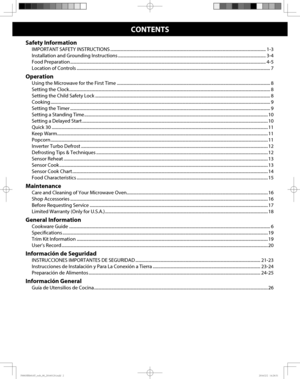Page 2CONTENTS
Safety Information
IMPORTANT SAFETY INSTRUCTIONS ............................................................................................................................................... 1-3
Installation and Grounding Instructions ........................................................................................................................................ 3-4
Food Preparation...