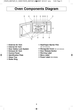 Page 119
oven  c om ponen ts  d ia g ra m
yd

o \buaq
gw
t
\bfsi
e
q exte rn al  a ir  v en t
\f in te rn al  a ir  v en t
e door s afe ty  l ock s yste m
\b exh au st a ir  v en t
t contr o l  P an el
y id en tif ic atio n P la te
u gla ss t ra y
i rolle r r in go heat\bv ap or b arrie r f ilm
( d o n ot  r e m ove )
a Waveg uid e c over (d o n ot  r e m ove )
s door r ele ase b utto n
d Warn in g l ab el
f Men u l ab el
g Pow er l ab el 
( N N-S N 968)

I42783873A01120507:I42783873A00120507...