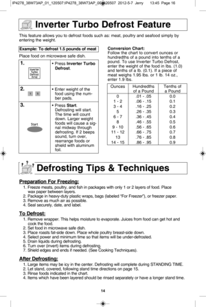 Page 1614
T his  fe atu re  a llo w s y o u to  d efr o st  fo o ds s u ch  a s:  m eat,   
p oult r y  a n
d  s e 
a fo od 
s im ply  b y
ente rin g th e w eig ht.
P la ce  fo od o n m ic ro w ave  s a fe  d is h .
e xam ple : t o d efr o st 1 .5  p ounds o f m eat  
1 .• P re ss in verte r t u rb o
d efr o st.
2 .• E nte r w eig ht  o f  th e
fo o d u sin g th e n um -
ber p a ds.
\f .• P re ss s ta rt.
D efr o stin g w ill  s ta rt.
T he tim e w ill  c o un t
dow n.  L arg er w eig ht
fo o ds w ill  c a use...