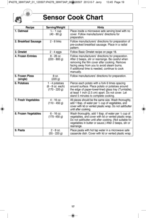 Page 1917
s en so r c ook c hart
r ec ip e serv in g\bW eig ht hin ts
1 .  o atm eal1\f2- 1  c u p Pla ce  in sid e a  m ic ro w ave  s a fe  s e rv in g b o w l  w it h  n o 
(4 0 -  8 0 g ) co ve r.  F ollo w  m anu fa ctu re rs ’  d ir e ctio ns fo r
pre para tio n.
2 .  b re a kfa st s au sag e 2 -  8  li n ks Foll o w  m an ufa ctu re rs ’  d ir e c
t io n s 
f o r p re p
a ra tio n
  o f 
p 
r e -c o oke d b re akfa st  s a usa ge.  P la ce  in  a  r a d ia l 
p 
a tte rn .
\f.  o m ele t 2 -  4  e ggs...