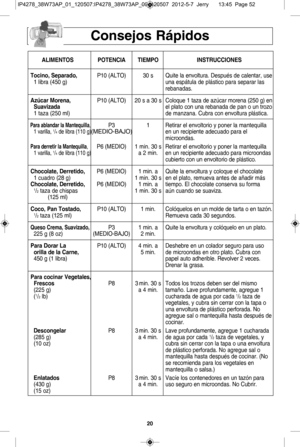 Page 5220
c onsejo s 
r Pp id o
s
a liM en to s Po te n cia tie M Po in str uccio 
n e
s
t ocin o,  s ep ara d o, P10 ( A LT O ) 30 s   Quit e  la  e nvo lt u ra .  D esp uX s d e c a le nta r,  u se  
1 li b ra  ( 4 50 g ) una  e sp Wtu la  d e p lW stic o  p ara  s e para r la s 
re ba nad as.
a zU ca r M ore n a, P10 ( A LT O ) 20 s  a  3 0 s Colo q u e 1  ta z
a  d e  a z\ ca r m ore n a ( 2 50 g ) e n
s uaviz a d a el  p la to  c o n  u na r e ban ada  d e p an o  u n tr o zo
1  ta za  ( 2 5 0 m l) de m...
