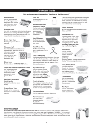 Page 86
Aluminum Foil
It is not recommended 
to use. Arcing can occur 
if foil is too close to oven 
wall or door and cause 
damage to your oven.
Browning Dish
Yes. Only use browning dishes that are designed 
for microwave cooking. Check browning dish 
information for instructions/heating chart. Do 
not preheat for more than six minutes.
Brown Paper Bags
No. They may cause a fire in 
the oven.
Microwave Safe
Yes. If labeled Microwave Safe, check 
manufacturers’ directions for use in 
microwave heating. 
Some...