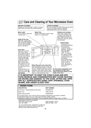 Page 2523
Care and Cleaning of Your Microwave Oven
BEFORE CLEANING:
Unplug oven at wall outlet. If outlet is inacces-
sible, leave oven door open while cleaning.AFTER CLEANING:
Be sure to place the Roller Ring and the Glass
Tray in the proper position and press
Stop/Reset Pad to clear the Display.
Menu Label:
Do not remove, wipe with
a damp cloth.
Inside of the oven:
Wipe with a damp cloth
after using. Mild detergent
may be used if needed.
Do not use harsh deter-
gents or abrasives.
Oven Door:
Wipe with a soft...