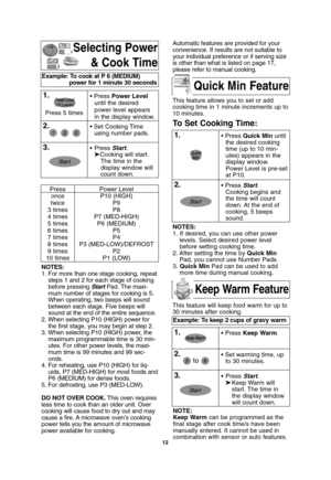 Page 1412
Selecting Power
& Cook Time
NOTES:
1. For more than one stage cooking, repeat
steps 1 and 2 for each stage of cooking
before pressing StartPad. The maxi-
mum number of stages for cooking is 5.
When operating, two beeps will sound
between each stage. Five beeps will
sound at the end of the entire sequence.
2. When selecting P10 (HIGH) power for
the first stage, you may begin at step 2.
3. When selecting P10 (HIGH) power, the
maximum programmable time is 30 min-
utes. For other power levels, the maxi-...