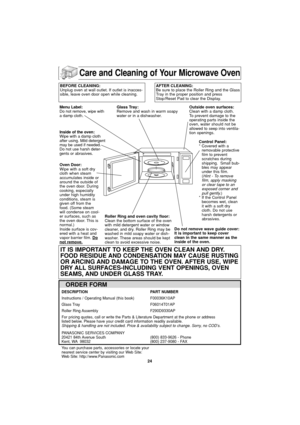 Page 2624
BEFORE CLEANING:
Unplug oven at wall outlet. If outlet is inacces-
sible, leave oven door open while cleaning.AFTER CLEANING:
Be sure to place the Roller Ring and the Glass
Tray in the proper position and press
Stop/Reset Pad to clear the Display.
IT IS IMPORTANT TO KEEP THE OVEN CLEAN AND DRY.
FOOD RESIDUE AND CONDENSATION MAY CAUSE RUSTING
OR ARCING AND DAMAGE TO THE OVEN. AFTER USE, WIPE
DRY ALL SURFACES-INCLUDING VENT OPENINGS, OVEN
SEAMS, AND UNDER GLASS TRAY.
DESCRIPTION PART NUMBER
Instructions...