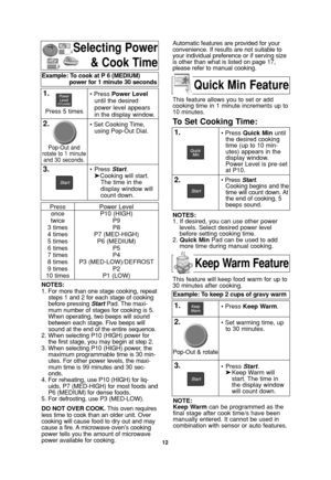 Page 1412
Selecting Power
& Cook Time
NOTES:
1. For more than one stage cooking, repeat
steps 1 and 2 for each stage of cooking
before pressing StartPad. The maxi-
mum number of stages for cooking is 5.
When operating, two beeps will sound
between each stage. Five beeps will
sound at the end of the entire sequence.
2. When selecting P10 (HIGH) power for
the first stage, you may begin at step 2.
3. When selecting P10 (HIGH) power, the
maximum programmable time is 30 min-
utes. For other power levels, the maxi-...