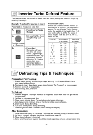 Page 1614
This feature allows you to defrost foods such as: meat, poultry and seafood simply by
entering the weight.
Place food on microwave safe dish.Example: To defrost 1.5 pounds of meat  
1.• Press Inverter Turbo
Defrost.
2.• Set weight of the food,
using the Pop-Out
Dial.
3.• Press Start.
Defrosting will start.
The time will count
down. Larger weight
foods will cause a sig-
nal midway through
defrosting. If 2 beeps
sound, turn over,
rearrange foods or
shield with aluminum
foil.Conversion Chart:
Follow the...