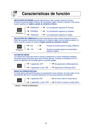 Page 4311
SELECCIÓN DE IDIOMA(puede seleccionarse sólo cuando conecta el horno)
El horno le permite elegir el idioma de la pantalla: inglés, francés o alemán. Esta visual-
ización aparece en inglés cuando se conecta el horno.
FRANÇAIS La visualización aparece en francés.
ESPAÑOL La visualización aparece en español.
*ENGLISH La visualización aparece en inglés.
SELECCIÓN DE LIBRA/KILO (puede seleccionarse sólo cuando conecta el horno)
Este horno posee mediciones de peso en el sistema inglés y en el sistema...