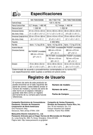 Page 6028
Registro de Usuario
El número de serie de este producto se
puede encontrar en el lado izquierdo del
panel de control. Usted deberá anotar el
número de modelo y número de serie de
este horno en el espacio indicado y
guardar este libro como un registro
permanente de su compra para futuras
referencias.Número de modelo: _________
Número de serie: ___________
Fecha de Compra: __________
Compañía Electrónica de Consumidores
Panasonic, División de Panasonic
Corporacion de Norte Américana
One Panasonic Way...