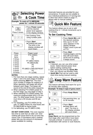 Page 1412
Selecting Power
& Cook Time
NOTES:
1. For more than one stage cooking, repeat
steps 1 and 2 for each stage of cooking
before pressing StartPad. The maxi-
mum number of stages for cooking is 5.
When operating, two beeps will sound
between each stage. Five beeps will
sound at the end of the entire sequence.
2. When selecting P10 (HIGH) power for
the first stage, you may begin at step 2.
3. When selecting P10 (HIGH) power, the
maximum programmable time is 30 min-
utes. For other power levels, the maxi-...