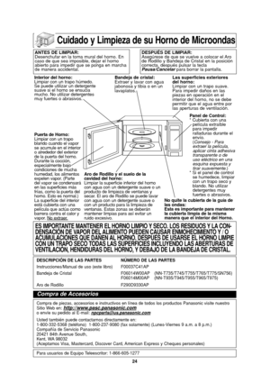 Page 5624
Cuidado y Limpieza de su Horno de Microondas
ANTES DE LIMPIAR:
Desenchufar en la toma mural del horno. En
caso de que sea imposible, dejar el horno
abierto para impedir que se ponga en marcha
de manera accidental.DESPUÉS DE LIMPIAR:
Asegúrese de que se vuelve a colocar el Aro
de Rodillo y Bandeja de Cristal en la posición
correcta, después pulsar la tecla
Pausa/Cancelarpara borrar la pantalla.
Interior del horno:
Limpiar con un trapo húmedo.
Se puede utilizar un detergente
suave si el horno se...