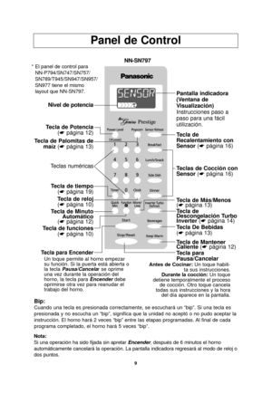 Page 119
Panel de Control
Bip:
Cuando una tecla es presionada correctamente, se escuchará un “bip\
”. Si una tecla es
presionada y no escucha un “bip”, significa que la unidad no acept\
ó o no pudo aceptar la
instrucción. El horno hará 2 veces “bip” entre las etapas pr\
ogramadas. Al final de cada
programa completado, el horno hará 5 veces “bip”.
NN-SN797
* El panel de control para NN-P794/SN747/SN757/
SN789/T945/SN947/SN957/
SN977 tiene el mismo 
layout que NN-SN797.
Nivel de potencia
Tecla de Palomitas de...