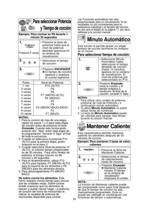 Page 1412
NOTAS:
1. Para utilizar otros niveles de potencia,presionar de nivel de Potencia y a
continuación minuto automático.
2. Si utiliza Minuto Automático no podrá
utilizar teclas de numéricas.
3. La tecla de Minuto Automático puede
ser utilizado para agregar más tiempo
durante la cocción manual.
Para seleccionar Potencia
y Tiempo de cocción
NOTAS:
1. Para la cocción de más de una etapa,repetir los pasos 1 y 2 para cada etapa
de cocción antes de presionar la tecla
Encender. Cuando esta funcionando,
sonarán...