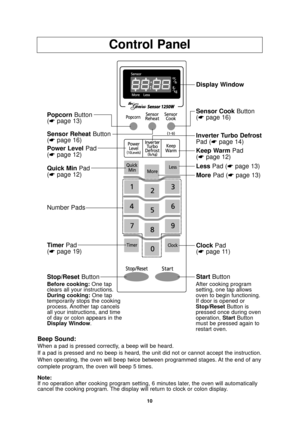 Page 1210
Beep Sound:
When a pad is pressed correctly, a beep will be heard.
If a pad is pressed and no beep is heard, the unit did not or cannot acc\
ept the instruction.
When operating, the oven will beep twice between programmed stages. At the end of any
complete program, the oven will beep 5 times.
Note:
If no operation after cooking program setting, 6 minutes later, the oven will automatically
cancel the cooking program. The display will return to clock or colon display.
Sensor Reheat Button
(☛page 16)...