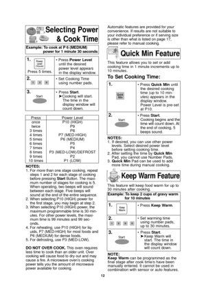 Page 1412
Selecting Power& Cook Time
NOTES:
1. For more than one stage cooking, repeatsteps 1 and 2 for each stage of cooking
before pressing Start Button. The maxi-
mum number of stages for cooking is 5.
When operating, two beeps will sound
between each stage. Five beeps will
sound at the end of the entire sequence.
2. When selecting P10 (HIGH) power for the first stage, you may begin at step 2.
3. When selecting P10 (HIGH) power, the maximum programmable time is 30 min-
utes. For other power levels, the...