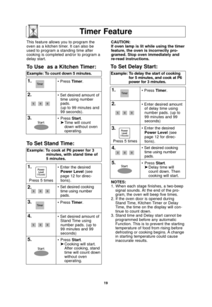 Page 2119
Timer Feature
NOTES:
1. When each stage finishes, a two-beepsignal sounds. At the end of the pro-
gram, the oven will beep five times.
2. If the oven door is opened during Stand Time, Kitchen Timer or Delay
Time, the time on the display will con-
tinue to count down.
3. Stand time and Delay start cannot be programmed before any automatic
Function. This is to prevent the starting
temperature of food from rising before
defrosting or cooking begins. A change
in starting temperature could cause
inaccurate...