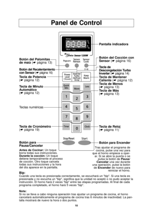 Page 4210
Panel de Control
Antes de Cocinar:Un toque 
borra todas sus instrucciones.
Durante la cocción: Un toque
detiene temporalmente el proceso
de cocción. Otro toque cancela
todas sus instrucciones y la hora
del día aparece en la pantalla. Tras ajustar el programa de
cocina, pulse una vez para
que el horno empiece a oper- ar. Si se abre la puerta o se pulsa la botón de Pausa/
Cancelar una vez durante
una operación, pulse la botón de  Encender de nuevo para
reiniciar el horno.
Bip:Cuando una tecla es...