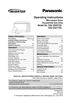 Page 1Operating Instructions
Microwave Oven
Household Use Only
Model No. 
//4/4
//4/4
Safety Information
Precautions ............................ Inside  cover
Important Safety Instructions ............. 1-3
Installation and Grounding
Instructions .......................................... 4-5
Safety Precautions .............................. 6-7
Operation
Oven Components Diagram ......................9
Control Panel ...........................................10
Starting to Use Your Oven...