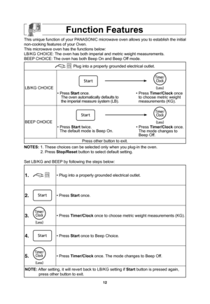 Page 1412
Function Features
This unique function of your PANASONIC microwave oven allows you to establish the initial 
non-cooking features of your Oven.
This microwave oven has the functions below:
LB/KG CHOICE: The oven has both imperial and metric weight measurements.
BEEP CHOICE: The oven has both Beep On and Beep Off mode.
 Plug into a properly grounded electrical outlet.
LB/KG CHOICE
• Press Start once.
The oven automatically defaults to 
the imperial measure system (LB).

• Press...