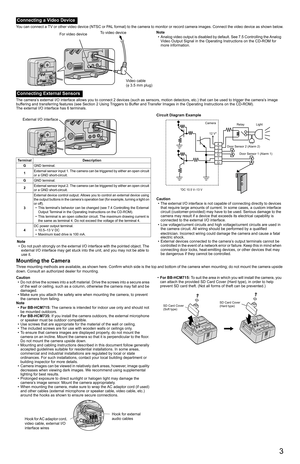 Page 33
You can connect a TV or other video device (NTSC or PAL format) to the camera to monitor or record camera images. Connect the video device as shown below.
The camera’s external I/O interface allows you to connect 2 devices (such as sensors, motion detectors, etc.) that can be used to trigger the camera’s image 
buffering and transferring features (see Section 2 Using Triggers to Buffer and Transfer Images in the Operating Instructions on the CD-ROM).
The external I/O interface has 6 terminals.
Mounting...