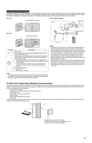 Page 33
The camera’s external I/O interface allows you to connect a device, such as a sensor or motion detector, that can be used to trigger the camera’s image 
buffering and transferring features (see Section 2 Using Triggers to Buffer and Transfer Images in the Operating Instructions on the CD-ROM), as well as 
the detection notification sound feature (see Section 1.2.7 Detection Notification Sound in the Operating Instructions on the CD-ROM).
For BL-C121: Notes About Wireless Communication
The radio wave...