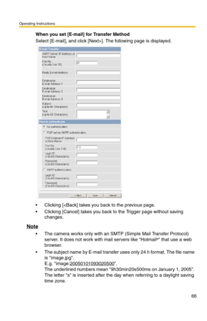 Page 66Operating Instructions
66
When you set [E-mail] for Transfer Method
Select [E-mail], and click [Next>]. The following page is displayed.
 Clicking [