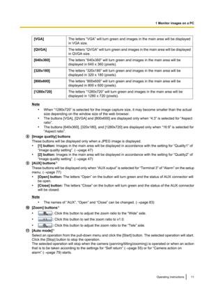 Page 11[VGA]The letters “VGA” will turn green and images in the main area will be displayed
in VGA size.[QVGA]The letters  “QVGA” will turn green and images in the main area will be displayed
in QVGA size.[640x360]The letters “640x360” will turn green and images in the main area will be
displayed in 640 x 360 (pixels).[320x180]The letters “320x180” will turn green and images in the main area will be
displayed in 320 x 180 (pixels).[800x600]The letters “800x600” will turn green and images in the main area will...