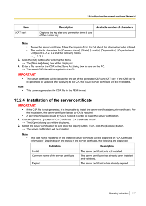 Page 117ItemDescriptionAvailable number of characters[CRT key]Displays the key size and generation time & date
of the current key.
Note
•To use the server certificate, follow the requests from the CA about the information to be entered.
• The available characters for [Common Name], [State], [Locality], [Organization], [Organizational
Unit] are 0-9, A-Z, a-z and the following marks.
- . _ , + / ( )
3. Click the [OK] button after entering the items.
→ The [Save As] dialog box will be displayed.
4. Enter a file...