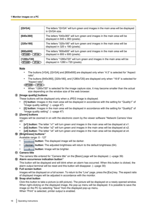 Page 16[QVGA]The letters “QVGA” will turn green and images in the main area will be displayed
in QVGA size.[640x360]The letters “640x360” will turn green and images in the main area will be
displayed in 640 x 360 (pixels).[320x180]The letters “320x180” will turn green and images in the main area will be
displayed in 320 x 180 (pixels).[800x600]
 
The letters “800x600” will turn green and images in the main area will be
displayed in 800 x 600 (pixels).[1280x720]
 
The letters “1280x720” will turn green and...