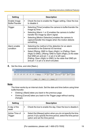 Page 19Operating Instructions (Additional Features)
[For assistance, please call: 1-800-272-7033] 19
4.Set the time, and click [Next>].
Note
The timer works by an internal clock. Set the date and time before using timer 
buffer/transfer.
 Clicking [