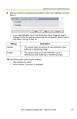 Page 27Operating Instructions (Additional Features)
[For assistance, please call: 1-800-272-7033] 27
9.After you confirm the settings and click [Next>], set E-mail notification and click 
[Next>].
 If you select [Enable], the E-mail Notification When Triggered page is 
displayed. Enter the settings seeing page 
25 and page 26. When finished, 
click [Next>] and go to step 10.
10.Click [Save] after confirming the settings.
 New settings are saved.
 When finished, Success! is displayed.
SettingDescription...