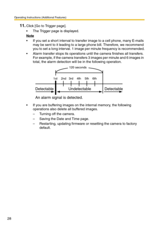 Page 28Operating Instructions (Additional Features)
28
11.Click [Go to Trigger page].
 The Trigger page is displayed.
Note
 If you set a short interval to transfer image to a cell phone, many E-mails 
may be sent to it leading to a large phone bill. Therefore, we recommend 
you to set a long interval. 1 image per minute frequency is recommended.
 Alarm transfer stops its operations until the camera finishes all transfers. 
For example, if the camera transfers 3 images per minute and 6 images in 
total, the...