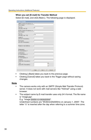 Page 36Operating Instructions (Additional Features)
36
When you set [E-mail] for Transfer Method
Select [E-mail], and click [Next>]. The following page is displayed.
 Clicking [