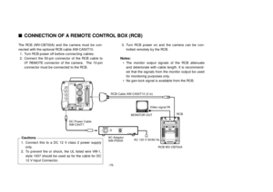 Page 17-15-
– +MENU
ITEM/AWC
YES/ABC
NO/BAROPTION  CARD
VIDEO  OUT
I/F  REMOTE
G/L IN
IRIS
DC12V IN
ALL 1
2USER  SET
ONPOWER
OFFPOWERO    I
FUSE(POWER)
125V  3.15AFUSEFUSE
AC Adaptor  
AW-PS505
nCONNECTION OF A REMOTE CONTROL BOX (RCB)The RCB (WV-CB700A) and the camera must be con-
nected with the optional RCB cable AW-CA50T10.
1. Turn RCB power off before connecting cables.
2. Connect the 50-pin connector of the RCB cable to
I/F REMOTE connector of the camera.  The 10-pin
connector must be connected to the...