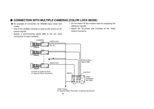 Page 20-18-
nCONNECTION WITH MULTIPLE CAMERAS (COLOR LOCK MODE)lAn example of connection for VBS/BB input (Color lock
mode).
• One of the multiple cameras is used as the source of ref-
erence signals.
• Supply a synchronizing signal (BB) to the G/L Input
Connectors of each cameras.• Do not switch off the camera used for supplying the
reference signals.
• Adjust the SC-phase and H-phase at the Video
Output Connector.
Convertible  Camera AW –
FOCUS
LOCK
Convertible  Camera AW –
FOCUS
LOCK
Convertible  Camera AW...