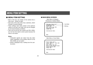 Page 31-29-
nMENU ITEM SETTING• Each of the four use modes of the camera has a
main menu.  (Shown at right)
• Each item of the main menu has a submenu, which
consists of several settings.
• These settings have been preset to the optimum
values to suit each use mode, and can be changed
to suit actual shooting conditions.
• They can be set from the camera and RCU (RCB),
but not from the hybrid control panel because the
menu is not shown.
Notes:
• Composite signals are output from the video
output regardless of...