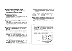 Page 34R
B
R
B PED
TOTAL
PED
A
BATW
AWCAUTOHOLD
ABC
IRISMAN
AUTO
1000
S/S
ELC 500
100
OFF
SHUTTER SCENE
21
3 USER
SET
AUTO/ATW
PAINTINGGAIN
-32-
nSetting and Changing of the
Settins (Halogen Mode, Fluores-
cent Mode, Outdoor Mode)qVideo Level Adjustment
[Picture Level: –50 - +50]
Convergence level of AUTO IRIS/AUTO GAIN UP/
AUTO ND (ELC) can be adjusted.
wDetecting Ratio Adjustment [Light PEAK/AVG:
P50 - A50]
The ratio of AUTO IRIS/AUTO GAIN UP/AUTO ND
(ELC) detected peak to average can be adjusted
within a...