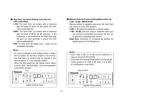 Page 35-33-
POWEROPERATE
BAR
CAMMODEGAIN AWC
SCENE
FILEABC
AT W
A
B
AUTO/AIW
ELC LOW MID
MANUON SC H
OFF HIGH AGC
OFF 1 / 100SHUTTER
ON
OFF
1 .
2 .
3 .
4 .
G/L PHASE
T.PED
CABLE COMP 90¡   180¡
0¡        270¡
YC
• In case of settings on the camera alone or when
the iris switch on the RCU (RCB) is at [AUTO],
the Auto Gain Up control may not operate if the
lens iris switch is in the manual position.
• When the AGC switch on the hybrid control panel
is set to AGC, the Auto Gain Up control operates
in the HIGH...