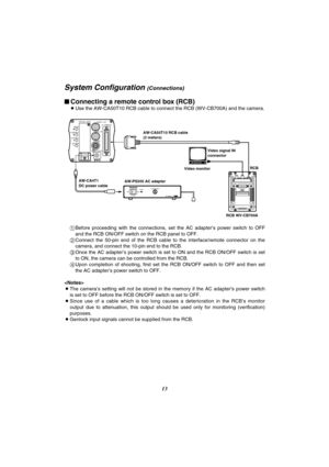 Page 1413
– +
MENU
ITEM/AWC
YES/ABC
NO/BAROPTION  CARD
VIDEO  OUT
I/F  REMOTE
G/L IN
IRIS
DC12V IN
ALL 1
2USER  SETONPOWEROFFPOWERO    I
FUSE(POWER)FUSEFUSEAC Adaptor  AW-PS505
System Configuration (Connections)
$Connecting a remote control box (RCB)
OUse the AW-CA50T10 RCB cable to connect the RCB (WV-CB700A) and the camera.
1Before  proceeding  with  the  connections,  set  the  AC  adapter’s  power  switch  to  OFF
and the RCB ON/OFF switch on the RCB panel to OFF.
2Connect  the  50-pin  end  of  the  RCB...