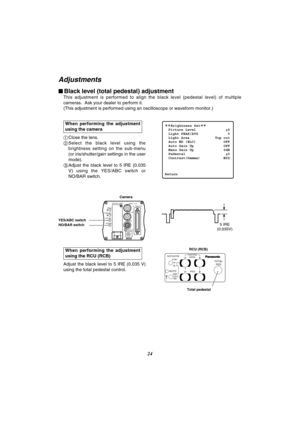 Page 2524
¢¢
Brightness Set¢¢
Picture Level ±0
Light PEAK/AVG 0
Light Area Top cut
Auto ND (ELC) OFF
Auto Gain Up OFF
Manu Gain Up 0dB
Pedestal ±0
Contrast(Gamma) MID
Return
Adjustments
$Black level (total pedestal) adjustment
This  adjustment  is  performed  to  align  the  black  level  (pedestal  level)  of  multiple
cameras.  Ask your dealer to perform it.
(This adjustment is performed using an oscilloscope or waveform monitor.)
1Close the lens.
2Select  the  black  level  using  the
brightness  setting  on...