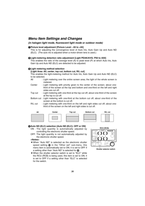 Page 3130
1Picture level adjustment [Picture Level: –50 to +50]
This  is  for  adjusting  the  convergence  level  of  Auto  Iris,  Auto  Gain  Up  and  Auto  ND
(ELC).  (The auto iris is adjusted when a motor-driven lens is used.)
2Light-metering detection ratio adjustment [Light PEAK/AVG: P50 to A50]
This  enables  the  ratio  of  the  average  level  (A)  to  peak  level  (P)  at  which  Auto  Iris,  Auto
Gain Up and Auto ND (ELC) are detected to be adjusted.
3Light metering method selection 
[Light Area:...