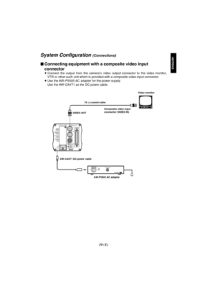 Page 6010 (E)
ENGLISH
– +
MENU
ITEM/AWC
YES/ABC
NO/BAROPTION  CARD
VIDEO  OUT
I/F  REMOTE
G/L IN
IRIS
DC12V IN
ONPOWEROFFPOWERO    I
FUSE(POWER)FUSEFUSEAC Adaptor  AW-PS505
System Configuration (Connections)
$Connecting equipment with a composite video input
connector
OConnect  the  output  from  the  camera’s  video  output  connector  to  the  video  monitor,
VTR or other such unit which is provided with a composite video input connector.
OUse the AW-PS505 AC adapter for the power supply.
Use the AW-CA4T1 as...